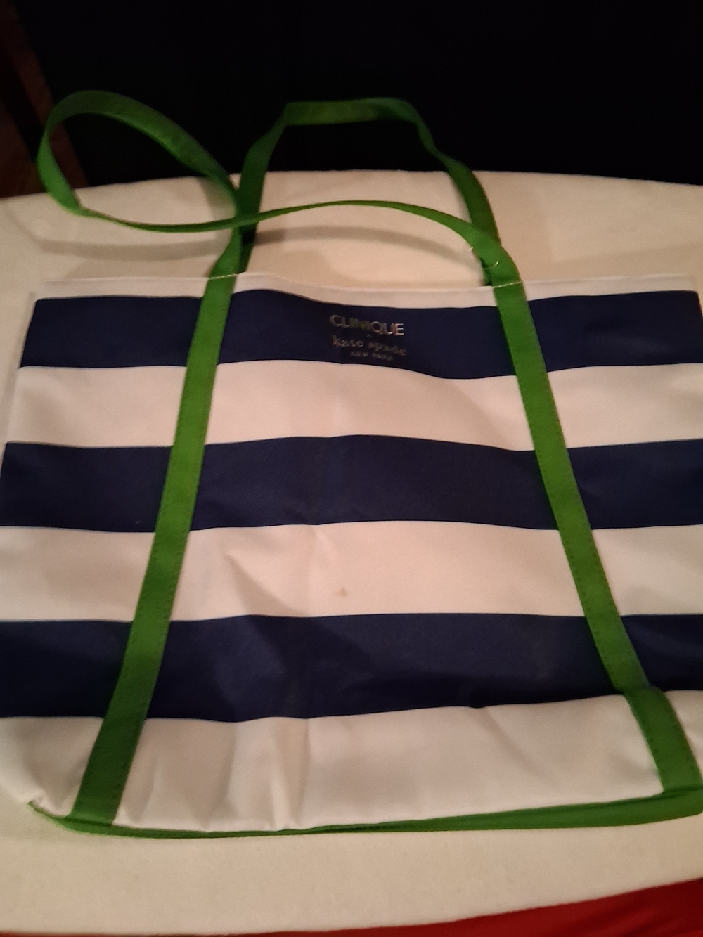 Clinique Kate Spad Navy & White Striped Tote with Green Trim